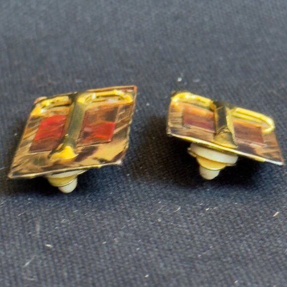 African Express Rectangular Gold-Tone & Marbled Clip-On Earrings Made In South A - Picture 8 of 10